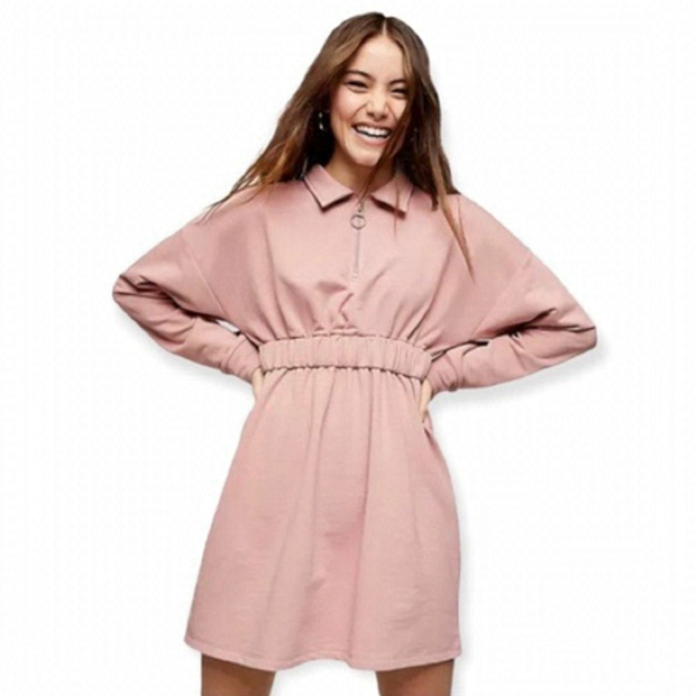 topshop Zip Collared Waist Mini Dress in Blush